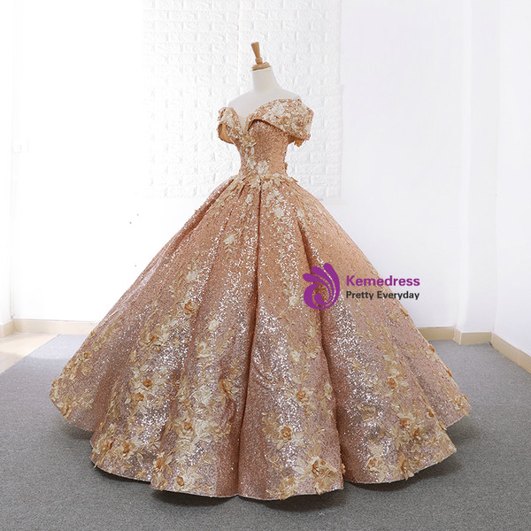 Luxury Gold Ball Gown Sequins Off The Shoulder Appliques Wedding Dress