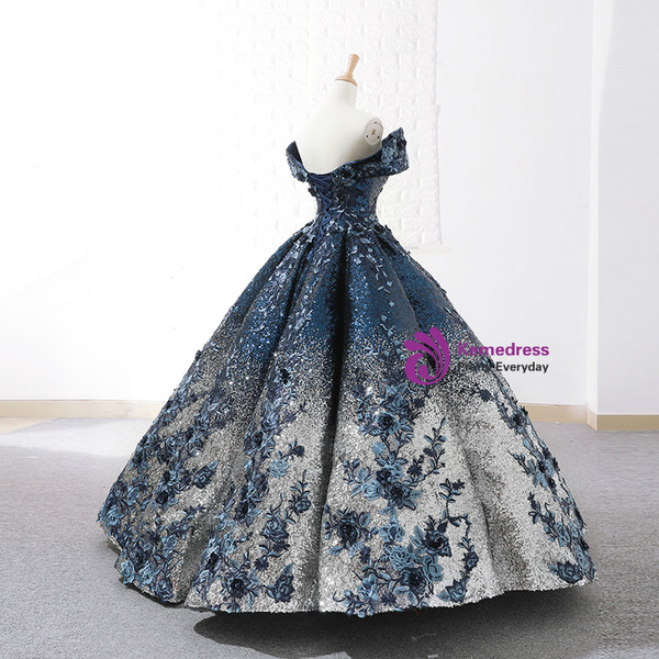 Blue Ball Gown Sequins Off The Shoulder Appliques Floor Length Wedding Dress