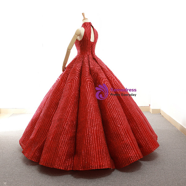 Red Ball Gown Sequins High Neck Backless Wedding Dress