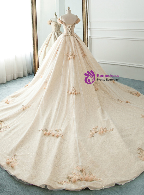 Champagne Tulle Sequins Off The Shoulder With Long Train Wedding Dress