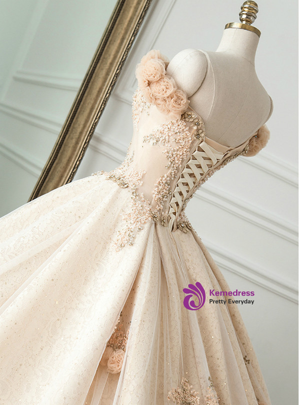 Champagne Tulle Sequins Off The Shoulder With Long Train Wedding Dress