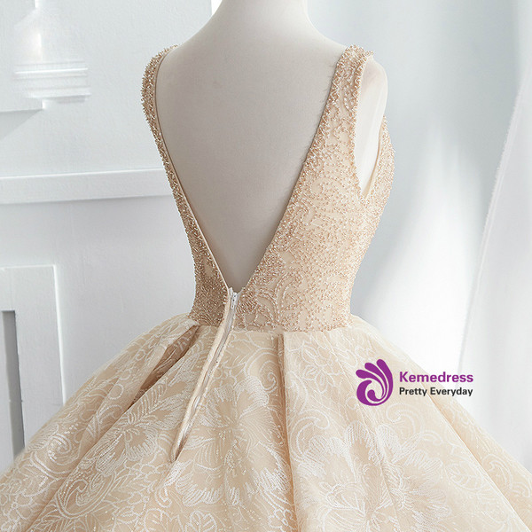 Champagne Ball Gown Lace Tulle Sequins V-neck Backless Wedding Dress