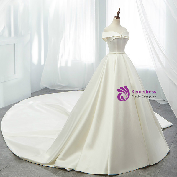 White Ball Gown Satin Off The Shoulder Wedding Dress With Long Train