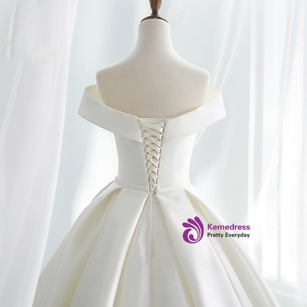 White Ball Gown Satin Off The Shoulder Wedding Dress With Long Train