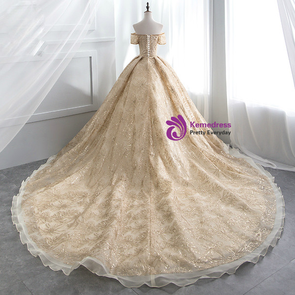Gold Ball Gown Tulle Sequins Off The Sholuder Short Sleeve Wedding Dress