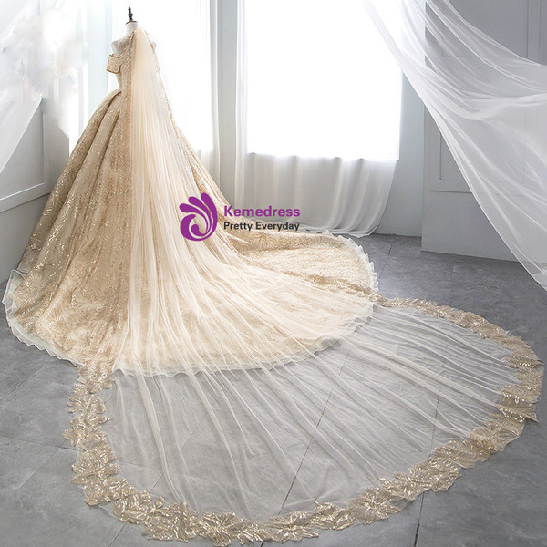 Gold Ball Gown Tulle Sequins Off The Sholuder Short Sleeve Wedding Dress