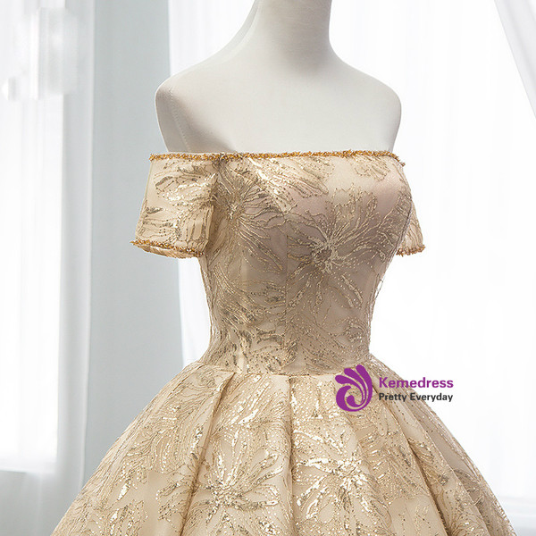 Gold Ball Gown Tulle Sequins Off The Sholuder Short Sleeve Wedding Dress