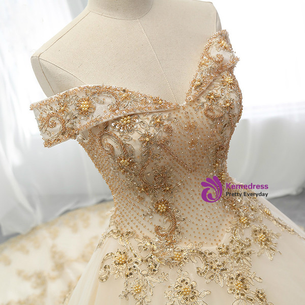 Champagne Ball Gown Tulle Gold Lace Appliques Wedding Dress