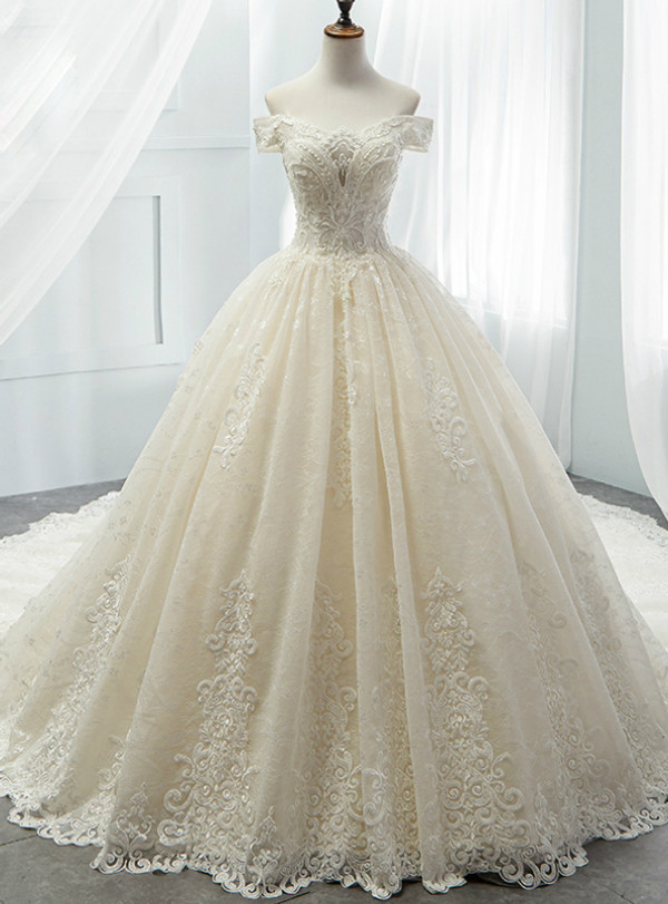 Champagne Ball Gown Tulle Lace Appliques Off The Shoulder Wedding Dress