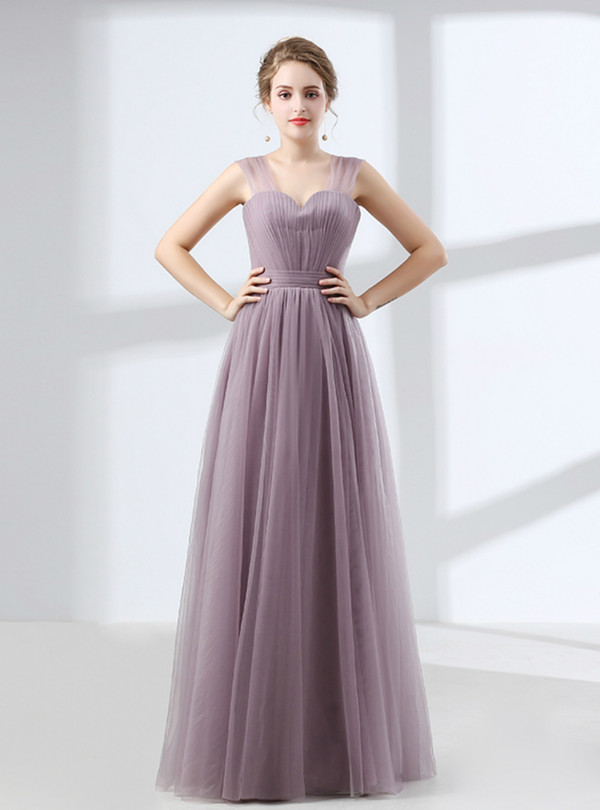 Purple Tulle Straps Backless Pleats Floor Length Prom Dress