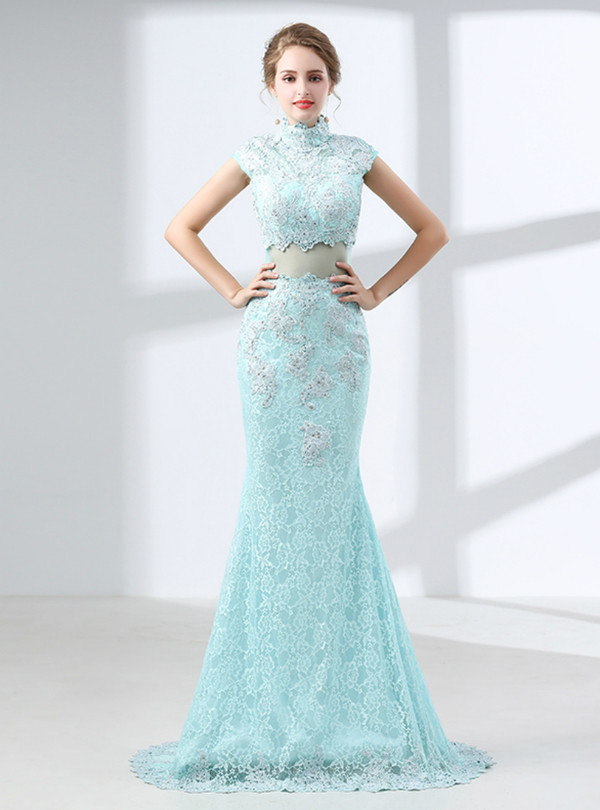 Sexy Blue Lace Mermaid High Neck Cap Sleeve Prom Dress