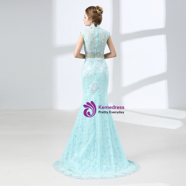 Sexy Blue Lace Mermaid High Neck Cap Sleeve Prom Dress