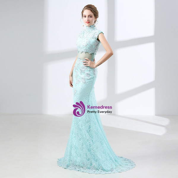 Sexy Blue Lace Mermaid High Neck Cap Sleeve Prom Dress