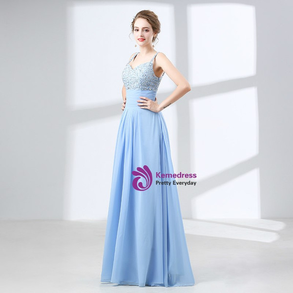 A-Line Blue Chiffon Spaghetti Straps Backless With Beading Prom Dress