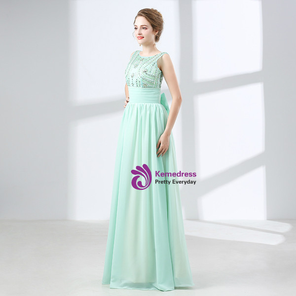 A-Line Green Chiffon Backless Prom Dress With Crystal Bow
