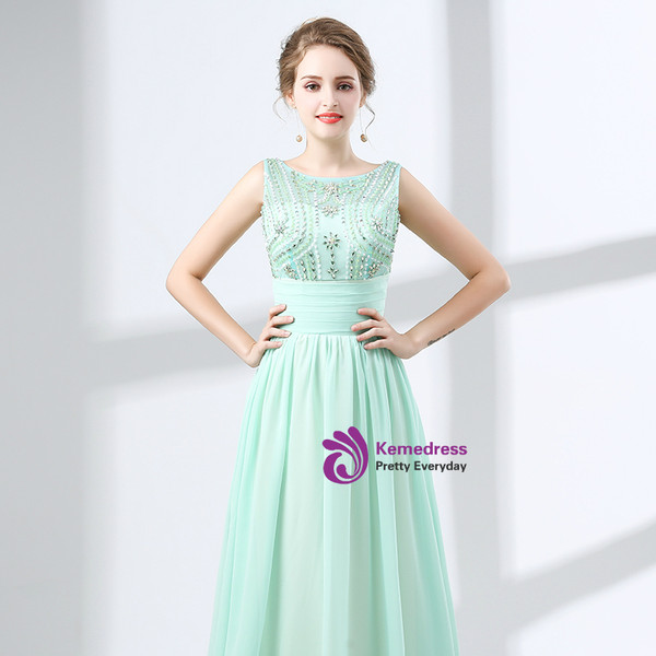 A-Line Green Chiffon Backless Prom Dress With Crystal Bow