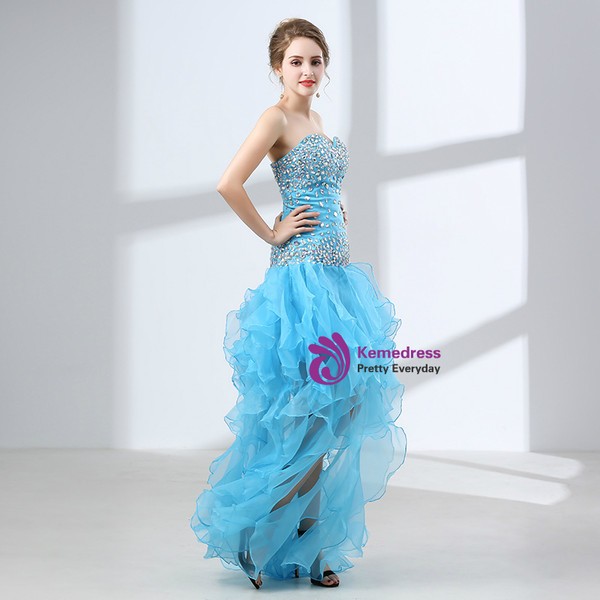 Blue Hi Lo Organza Sweetheart Neck Backless With Crystal Prom Dress