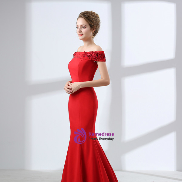 Red Mermaid Satin Off The Shoulder Appliques Prom Dress