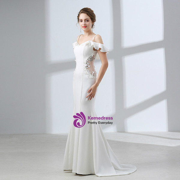 White Satin Mermaid Spaghetti Straps Backless Prom Dress