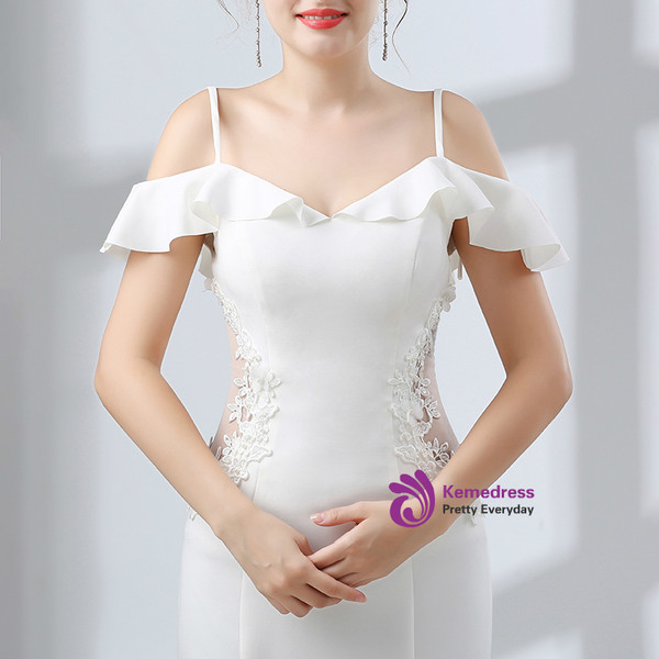 White Satin Mermaid Spaghetti Straps Backless Prom Dress