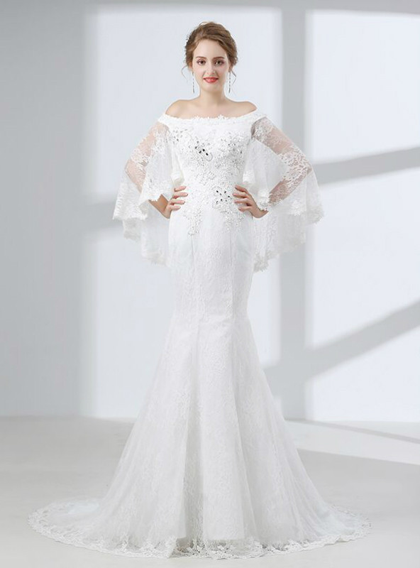 White Lace mermaid Off The Shoulder Prom Dress With Crystal