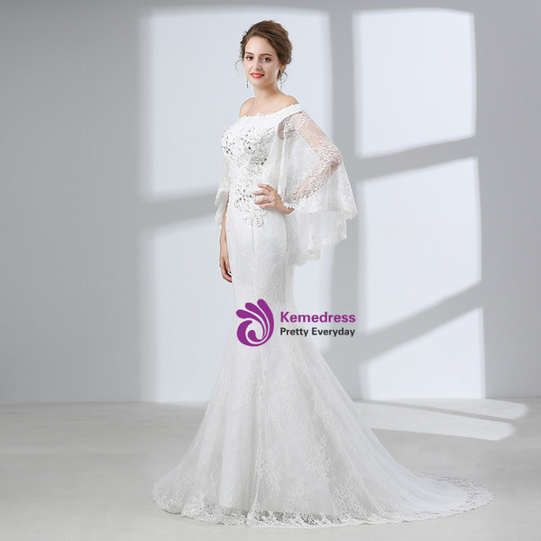 White Lace mermaid Off The Shoulder Prom Dress With Crystal