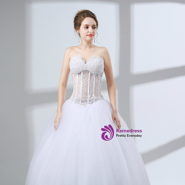 White Ball Gown Tulle Sweetheart Neck Wedding Dress With Sequins