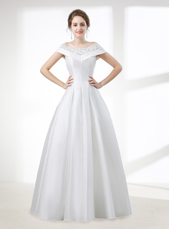 A-Line White Satin Lace Off The Shoulder Wedding Dress