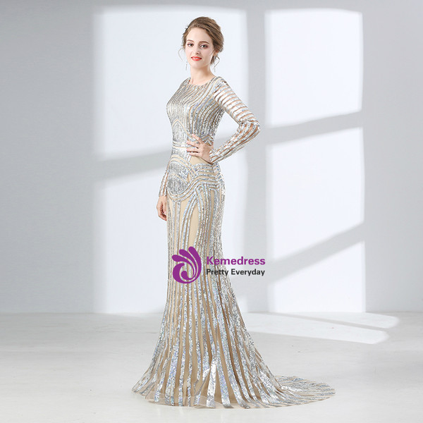 Silver Mermaid Sequins Long Sleeve Floor Length Prom Dress