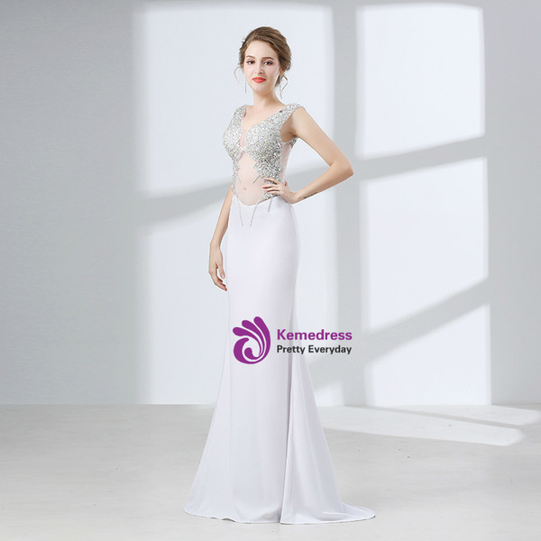 White Mermaid Chiffon V-neck Backless Prom Dress With Crystal