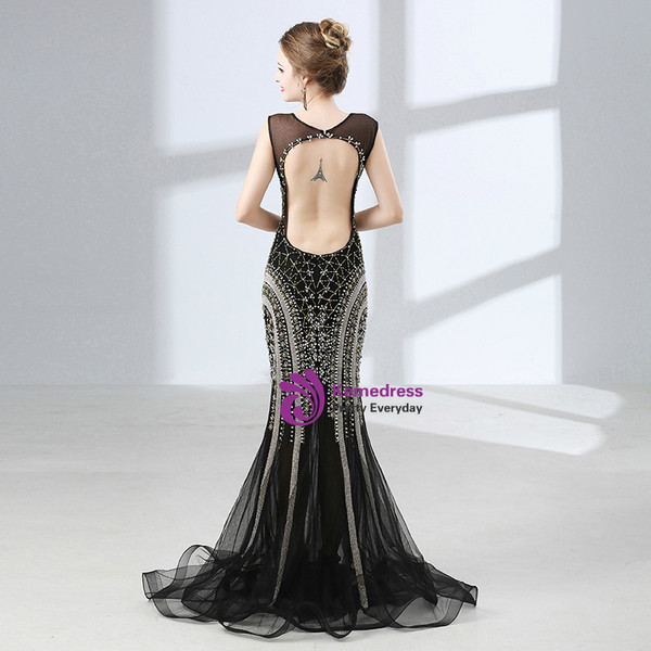 Black Mermaid Backless Tulle Floor Length Prom Dress With Crystal