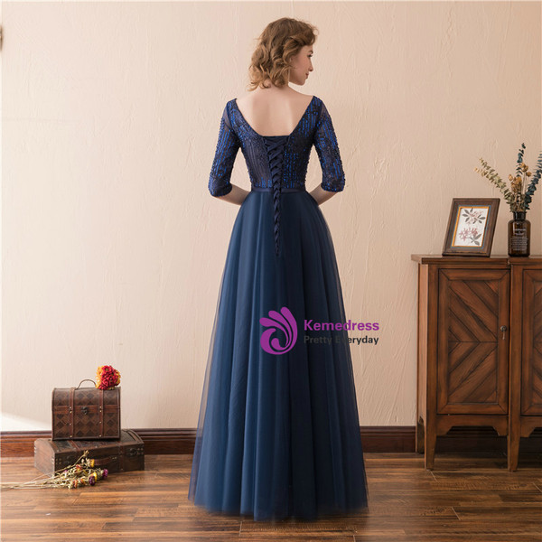 A-Line Blue Tulle Short Sleeve Backless With Sequins Prom Dress