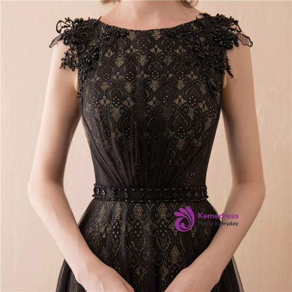 A-Line Black Lace Tulle Cap Sleeve Floor Length Prom Dress