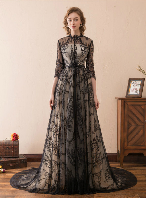 A-Line Black Lace 3/4 Sleeve High Neck Floor Length Prom Dress