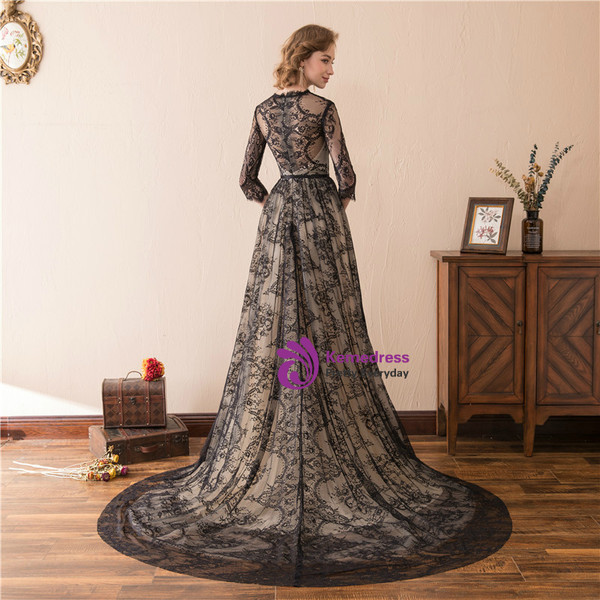 A-Line Black Lace 3/4 Sleeve High Neck Floor Length Prom Dress