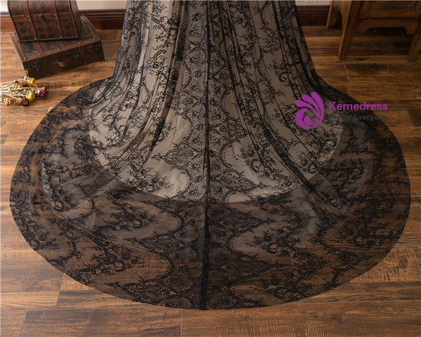 A-Line Black Lace 3/4 Sleeve High Neck Floor Length Prom Dress