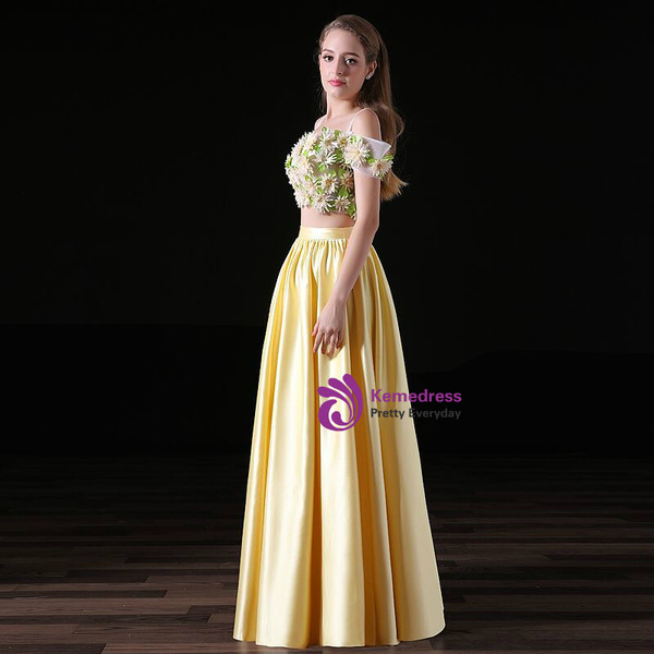 Yellow Two Piece Satin Spaghetti Straps Prom Dress With Flower
