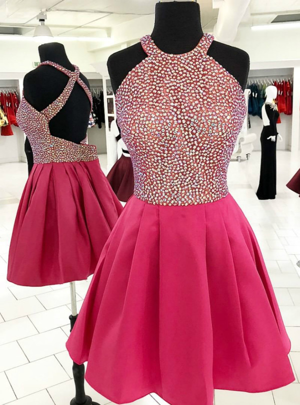 Sparkle Short Pink Satin Halter Backless Homecoming Dress