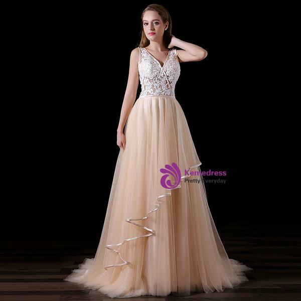 A-Line Champagne Tulle Appliques V-neck Backless Prom Dress