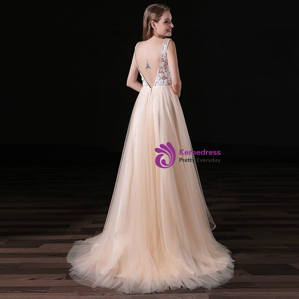 A-Line Champagne Tulle Appliques V-neck Backless Prom Dress
