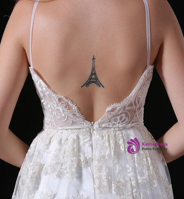 Sexy A-Line White Lace Spaghetti Straps Backless Wedding Dress