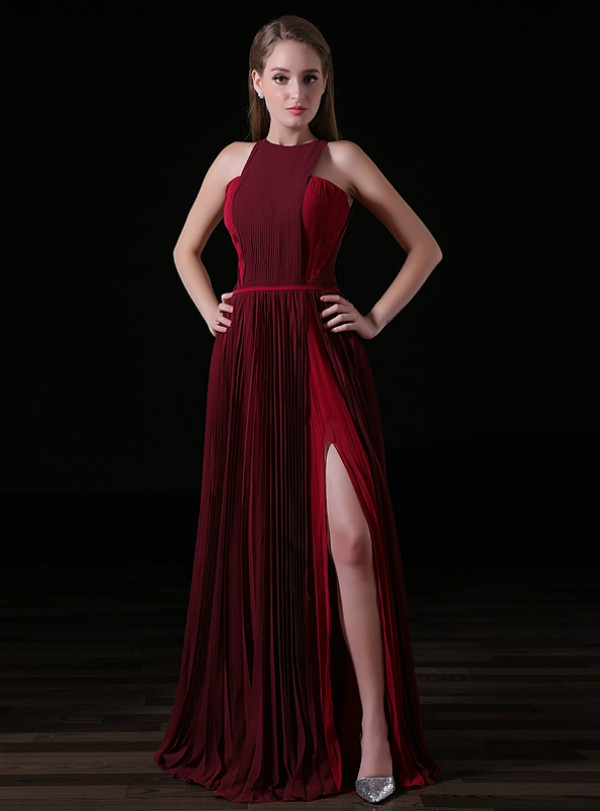Red And Burgundy Chiffon Pleats Prom Dress With Side Split
