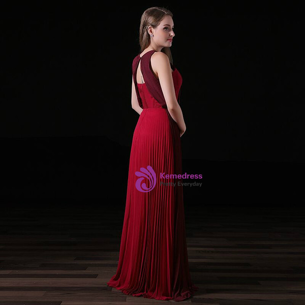 Red And Burgundy Chiffon Pleats Prom Dress With Side Split