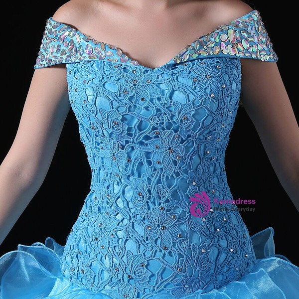 Blue Ball Gown Organza Lace Off The Shoulder Crystal Sweet 16 Dress