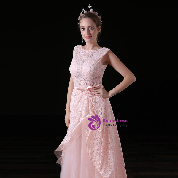 A-Line Pink Lace Tulle Backless Long Prom Dress With Bow