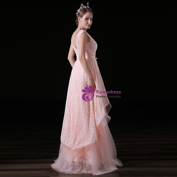 A-Line Pink Lace Tulle Backless Long Prom Dress With Bow
