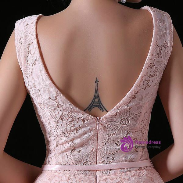 A-Line Pink Lace Tulle Backless Long Prom Dress With Bow