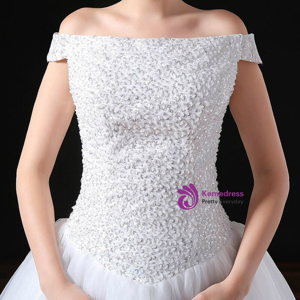 White Ball Gown Tulle Off The Shoulder Wedding Dress With Beading