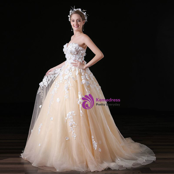 Champagne Tulle Sweetheart Neck Appliques Long Wedding Dress