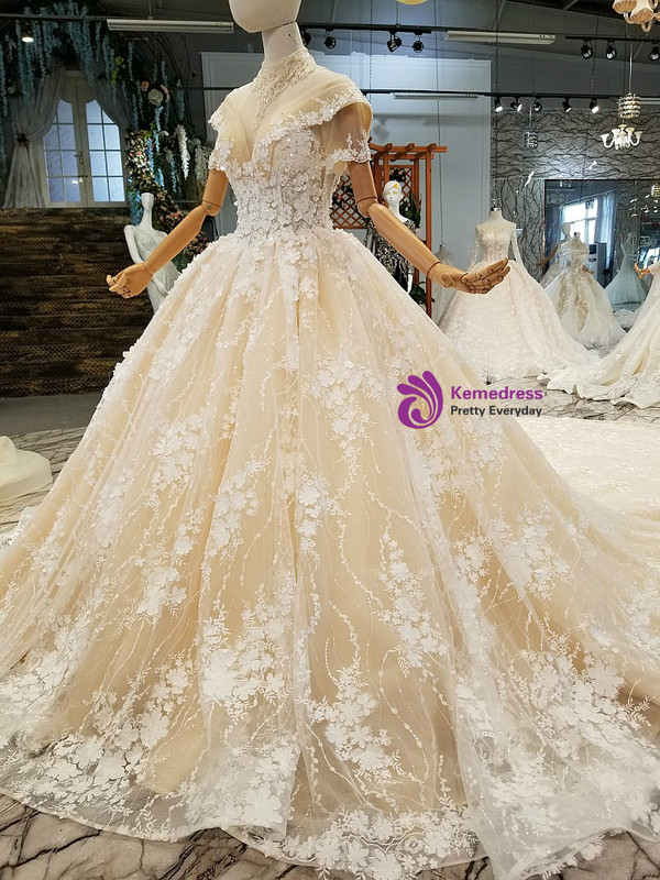 Luxury Champagne Ball Gown Appliques Backless With Sequins Wedding Dress